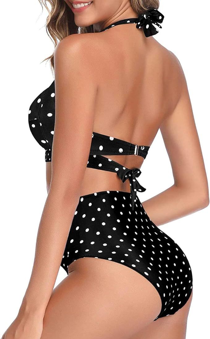 New Amazon Cross-border High Waist Neck Printed Strap Tankini Split Swimsuit European and American Slim Bikini