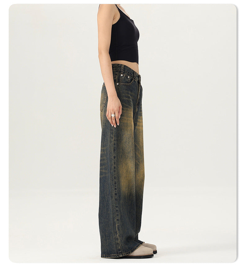 LKTM Men's# American Street Retro Mud Dyed Old Jeans Men's and Women's Trendy Brand Loose Straight Pants