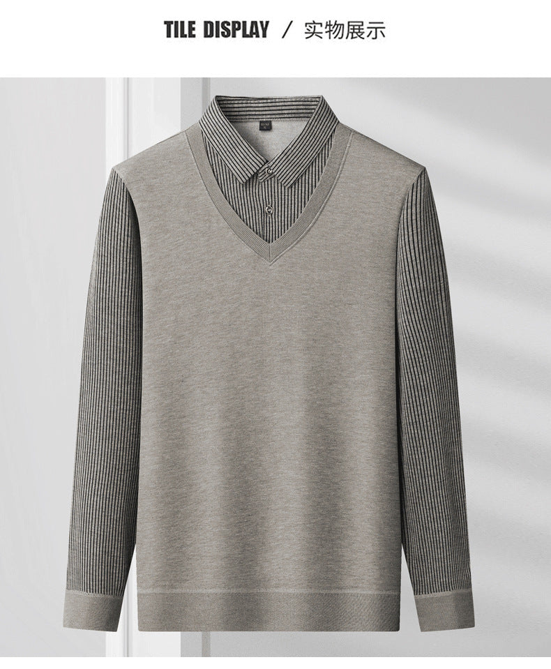 Spring, autumn and winter fashion fake two-piece long-sleeved T-shirt men's trendy casual shirt shirt collar personalized bottoming shirt top