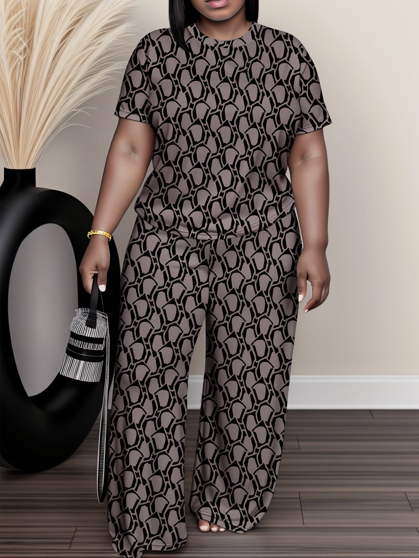 Cross-Border Amazon European and American Women's Fashion Elegant Printed Short-Sleeved Straight-Leg Pants Plus-Size Casual Suit Summer