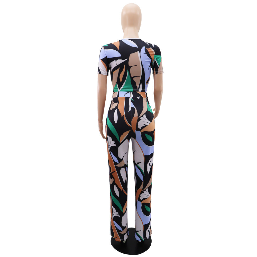10266 Cross-border European and American Amazon Printed Slim-fit Short-sleeved Casual Elegant High Waist Pants suit Two-piece Set