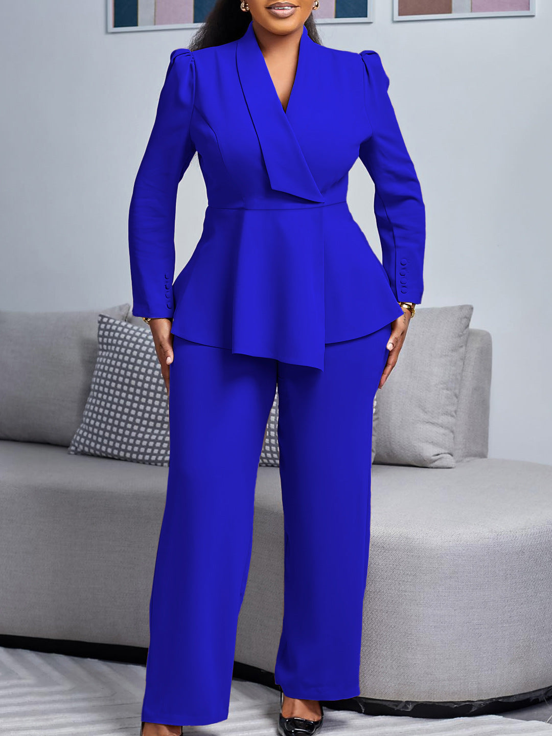 D549 European and American Clothing Winter New Fashion Elegant Elegant Ol Ruffle Top Wide Leg Pants Fashionable African Suit