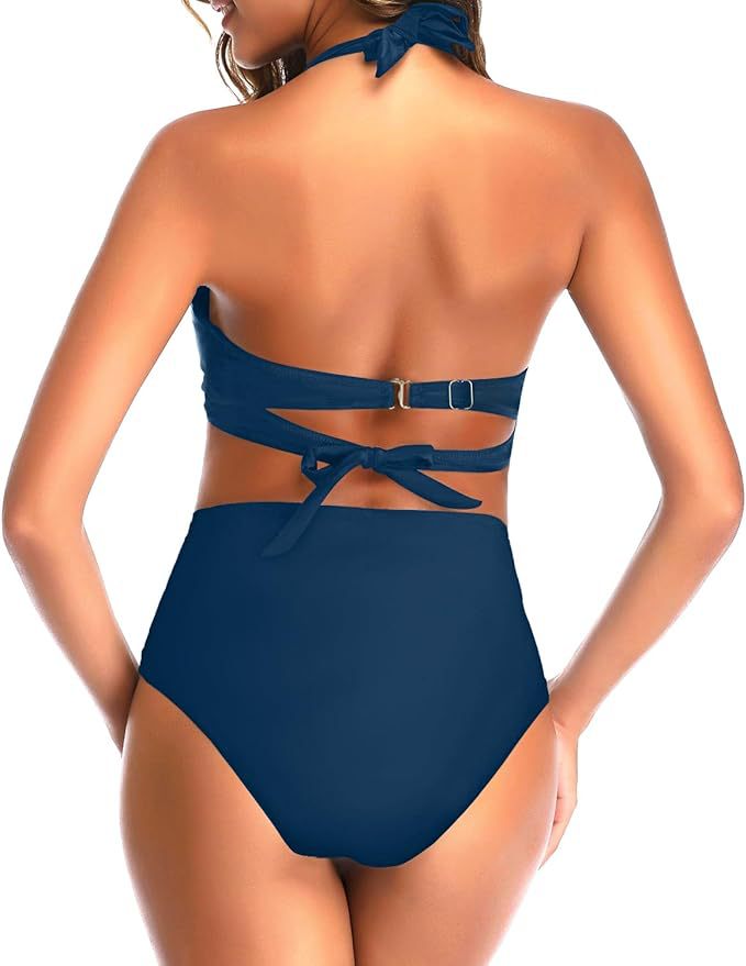 New Amazon Cross-border High Waist Neck Printed Strap Tankini Split Swimsuit European and American Slim Bikini