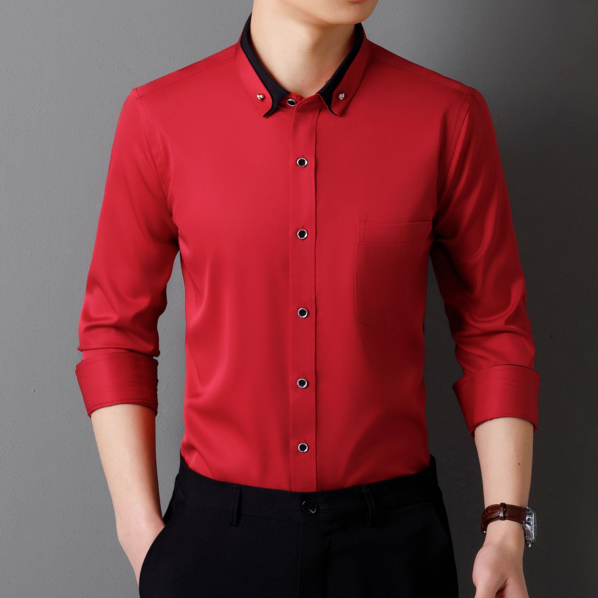 Business Shirts, Long-Sleeved Men's Shirts, No-Iron, Four-Way Stretch, Diamond Button Shirts, Men's Long-Sleeved Shirts