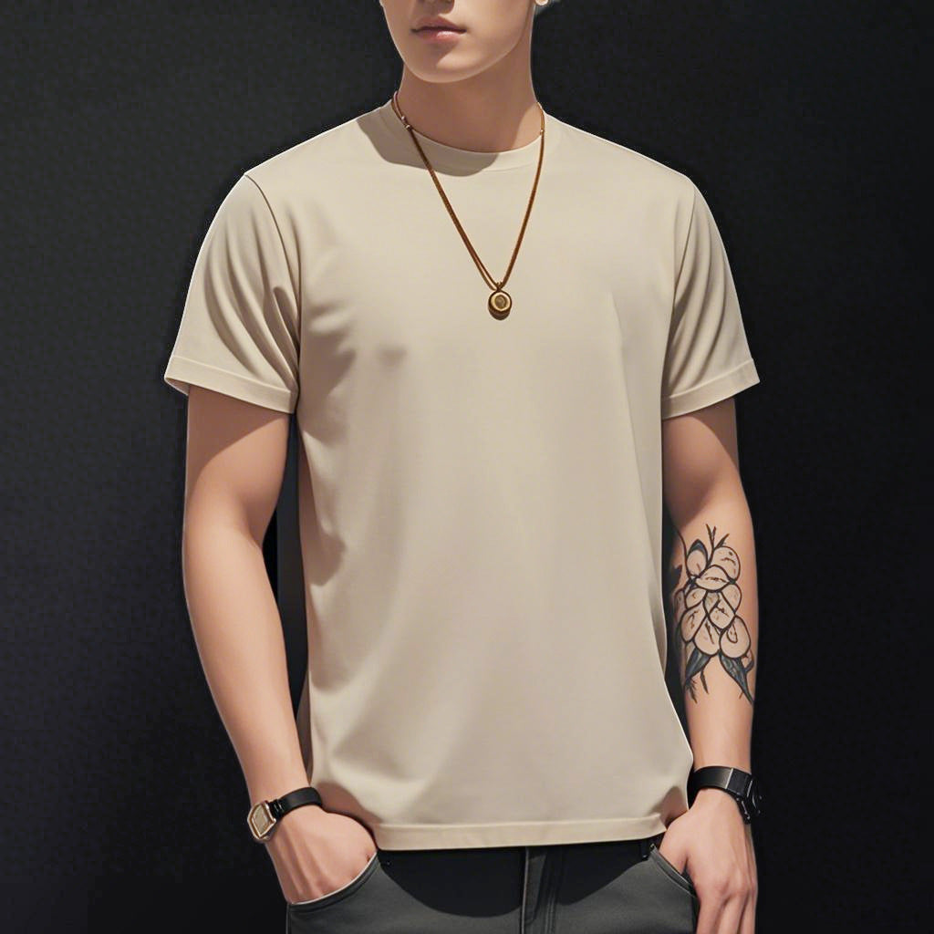 Summer Ice Silk Thin Round Neck Short-Sleeved T-Shirt for Men 2026 New Printed Pullover T-Shirt Trendy Slim Fit Men's Clothing