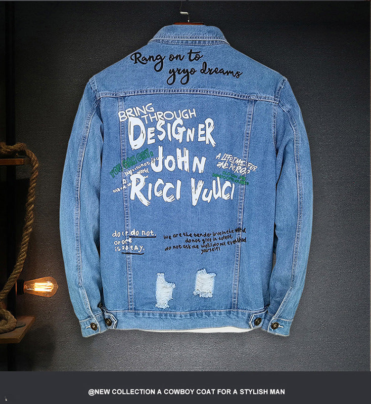 LAZADA New Foreign Trade Men's Jacket Spring and Autumn light blue Fashion Men's Slim-fit Printed Ripped Denim Jacket for Men