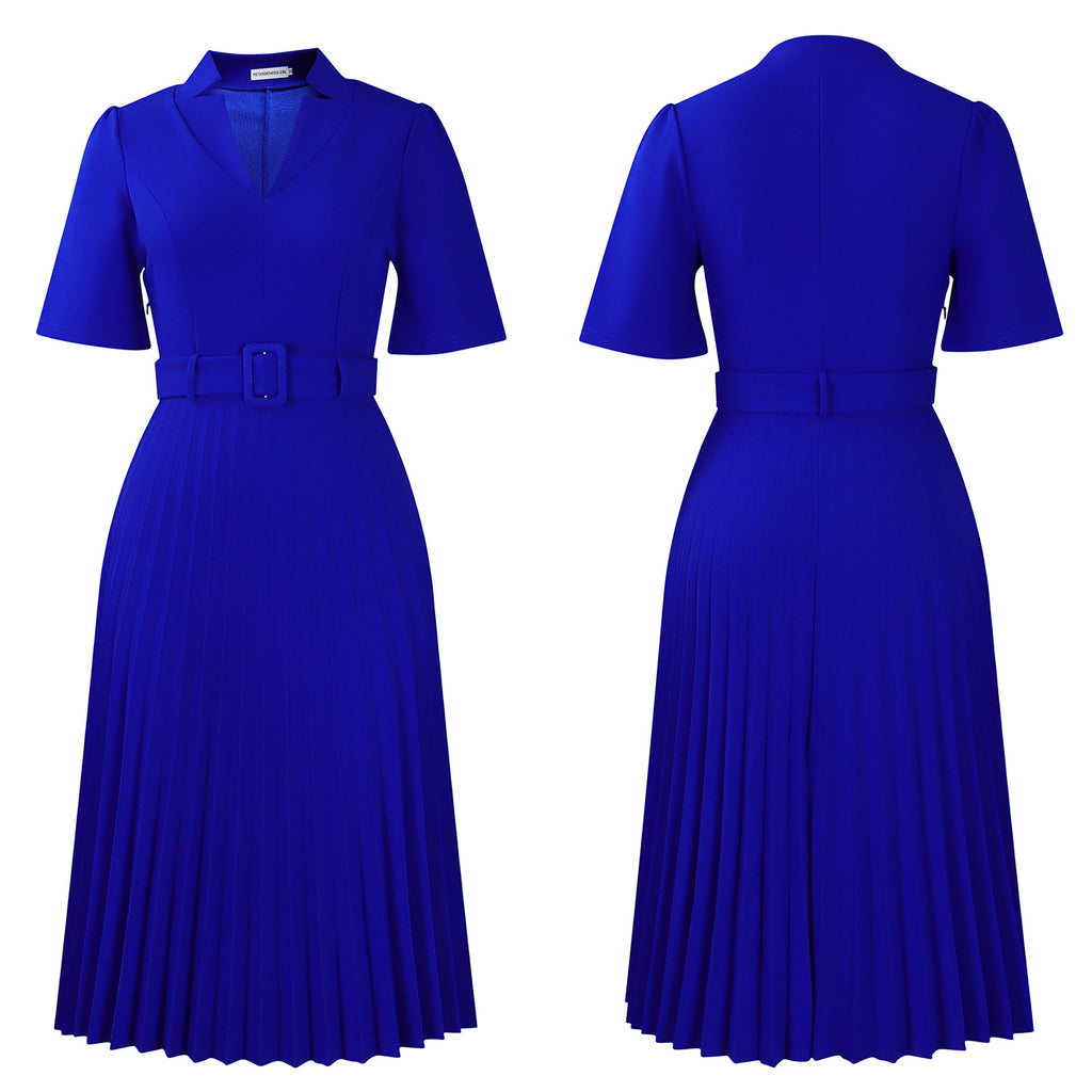 D563 Foreign Trade Cross-border Women's Clothing Summer New Short-sleeved V-neck Pleated High Waist Fashion Elegant Waist African dress