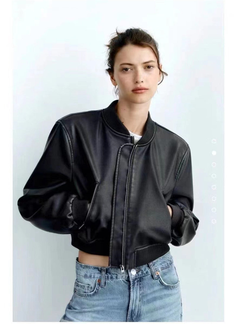 Spring and Autumn New American Style Leather Jacket Retro Style Old Faux Leather Aviator Jacket Coat Women's Round Neck Flying Suit Top