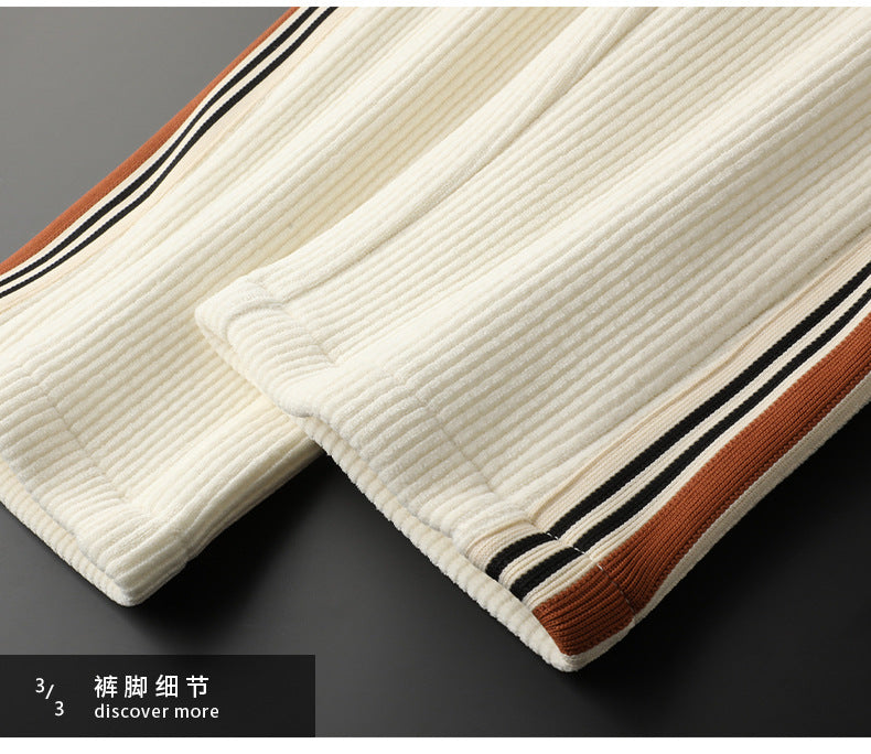 Light Luxury creamy-white fleece-lined Thickened Corduroy Casual Pants Men's Slim-fit Small Straight Pants Autumn and Winter Men's Sports Pants