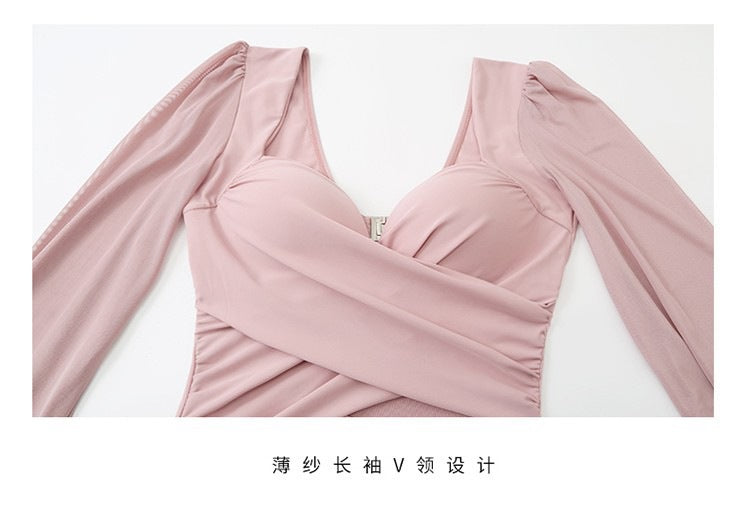 Yan 2026 New Style Sweet and Pure Desire Style with Underwire, Push-Up, Slimming, Long-Sleeved Dress-Style One-Piece Swimsuit for Women Wholesale