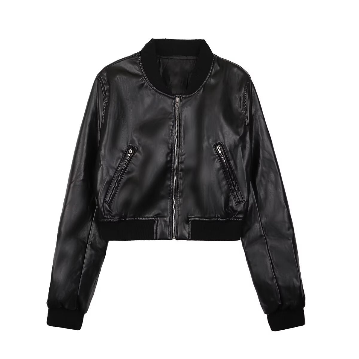 Spring European and American Urban Casual Stand Collar Pu Jacket Short Imitation Leather Motorcycle Clothing Niche Design Jacket for Women