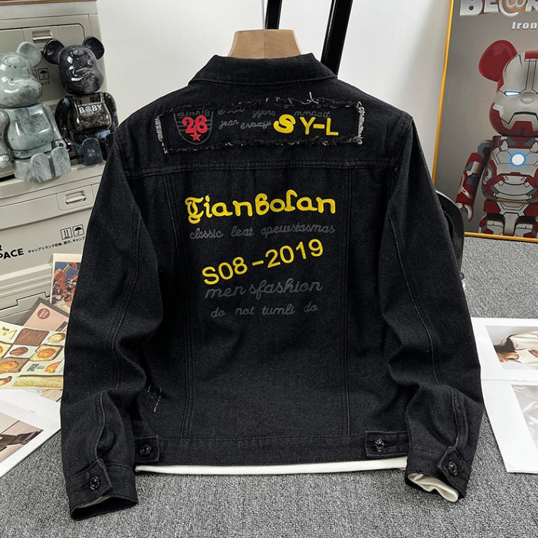 2025 Black Denim Jacket Men's Spring and Autumn Korean Style Trendy Retro Jacket Trendy Brand Letter Print Jacket