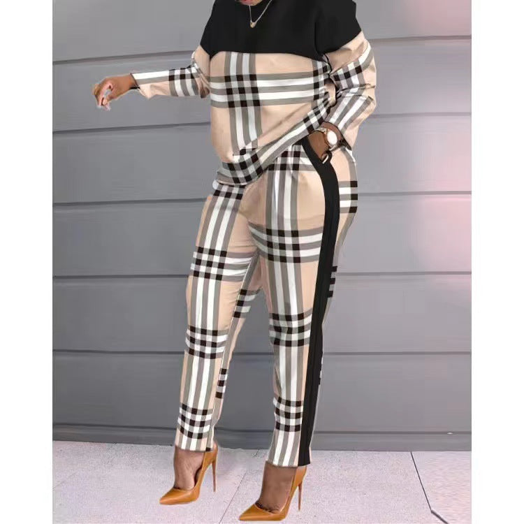 European and American Fashion Women's Contrasting Plaid Stitching Casual Suit 2024 New Cross-Border Amazon Long-Sleeved Two-Piece Set