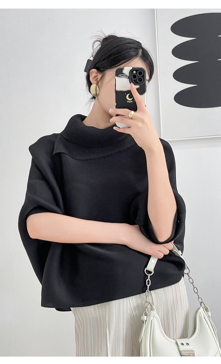 2026 Pleated Lapel Batwing Sleeve Top for Women, Spring and Autumn Style, Loose Fit, Plus Size, Long Sleeve, Pleated Solid Color Base Shirt T-Shirt