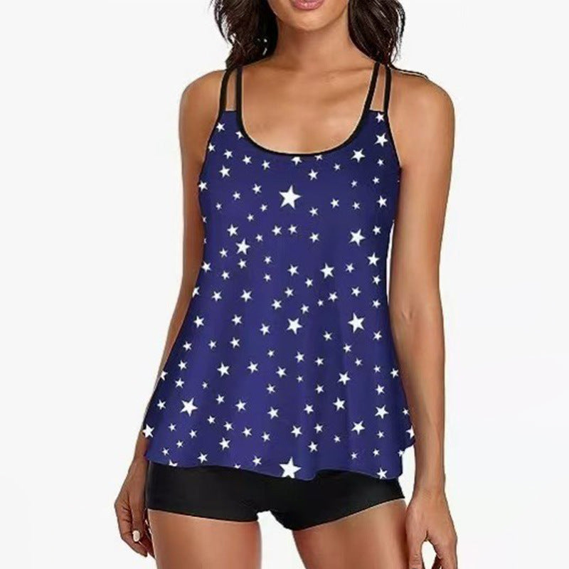 European and American Hot Sale plus size Split Swimsuit Women's Cross-border Camisole Flat-angle Swimsuit Tankini Loose Printed Swimsuit