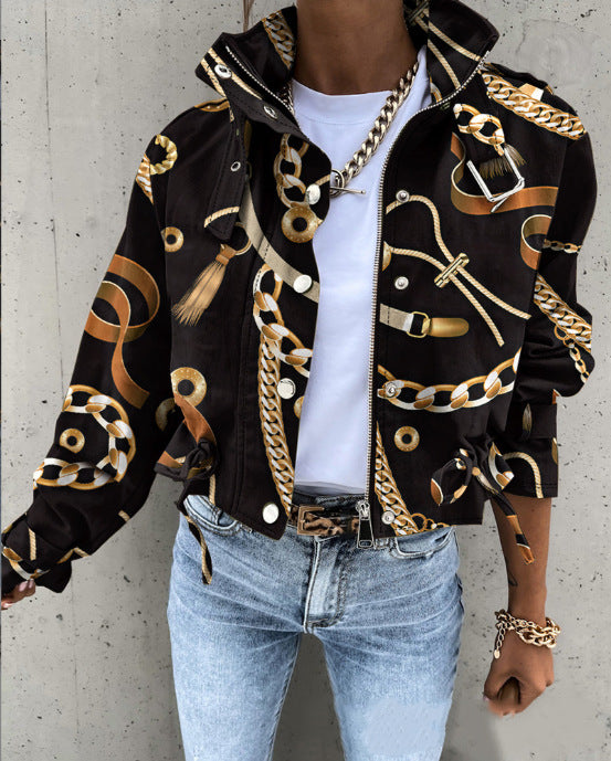 2026 Autumn and Winter Cross-Border Women's European and American New Style Amazon Aliexpress Printed Short Casual Long-Sleeved Jacket Top