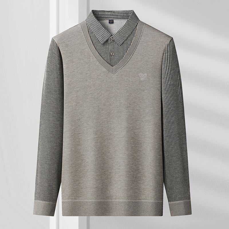 Spring, autumn and winter fashion fake two-piece long-sleeved T-shirt men's trendy casual shirt shirt collar personalized bottoming shirt top