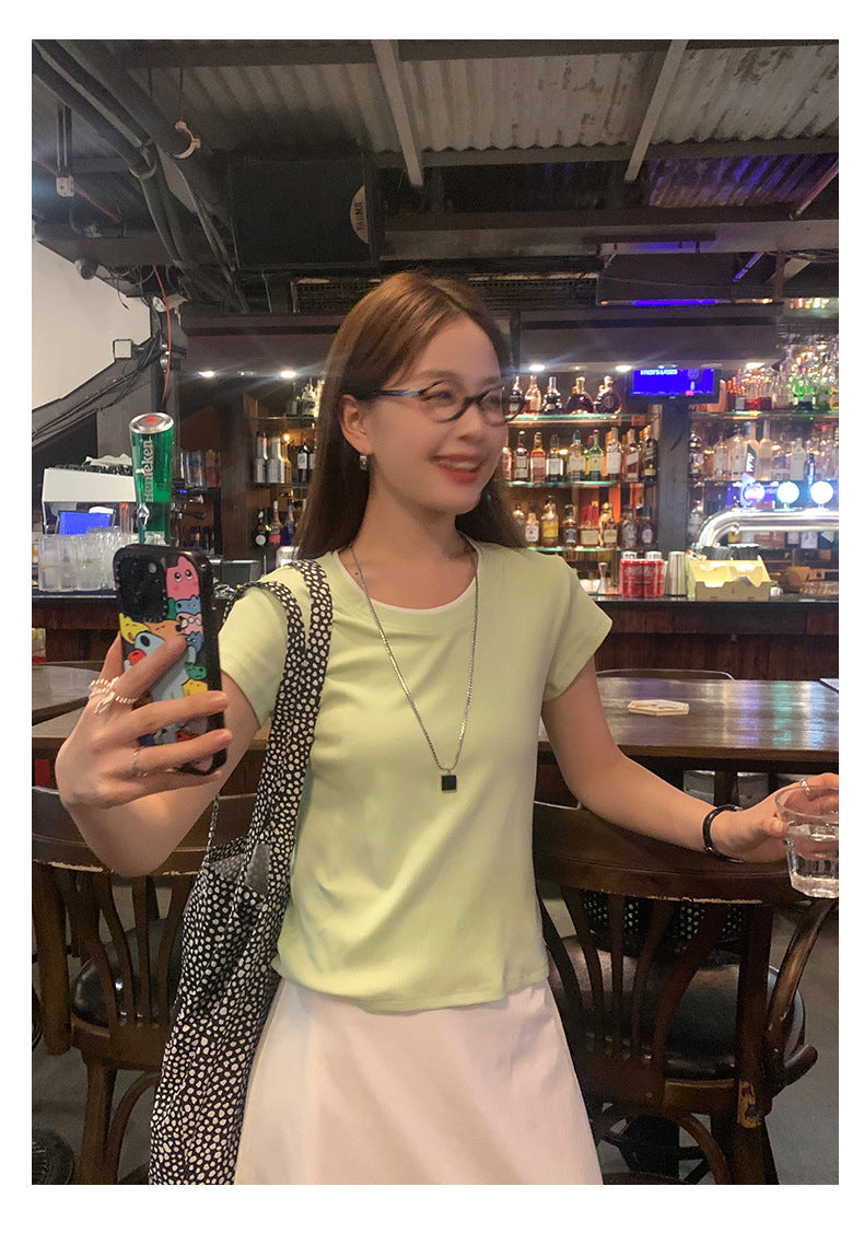 Huangyi Korean Double-Layer Collar Fake Two-Piece Short-Sleeved T-Shirt for Women 2025 Summer Short Slim Right Shoulder Top 142Th419