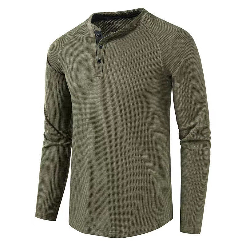 2023 Autumn and Winter Cross-border Amazon Men's T-shirt European and American Foreign Trade Men's Solid Color Long Sleeve Waffles Henry Shirt