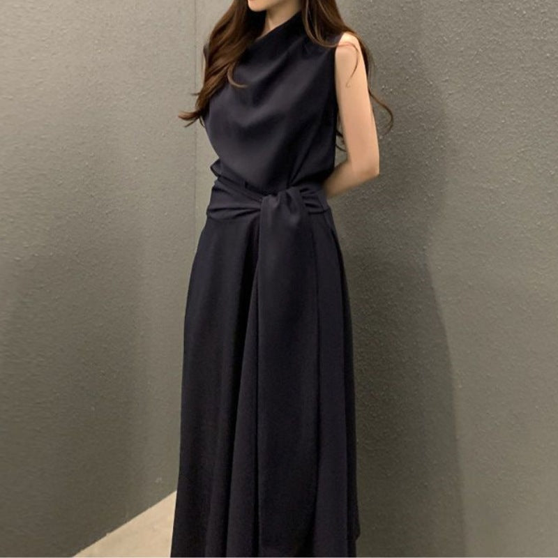 Korean Chic Summer French Elegant Pile Collar Strap Waist Slimming Look Sleeveless Vest Dress Mid-Length Skirt for Women