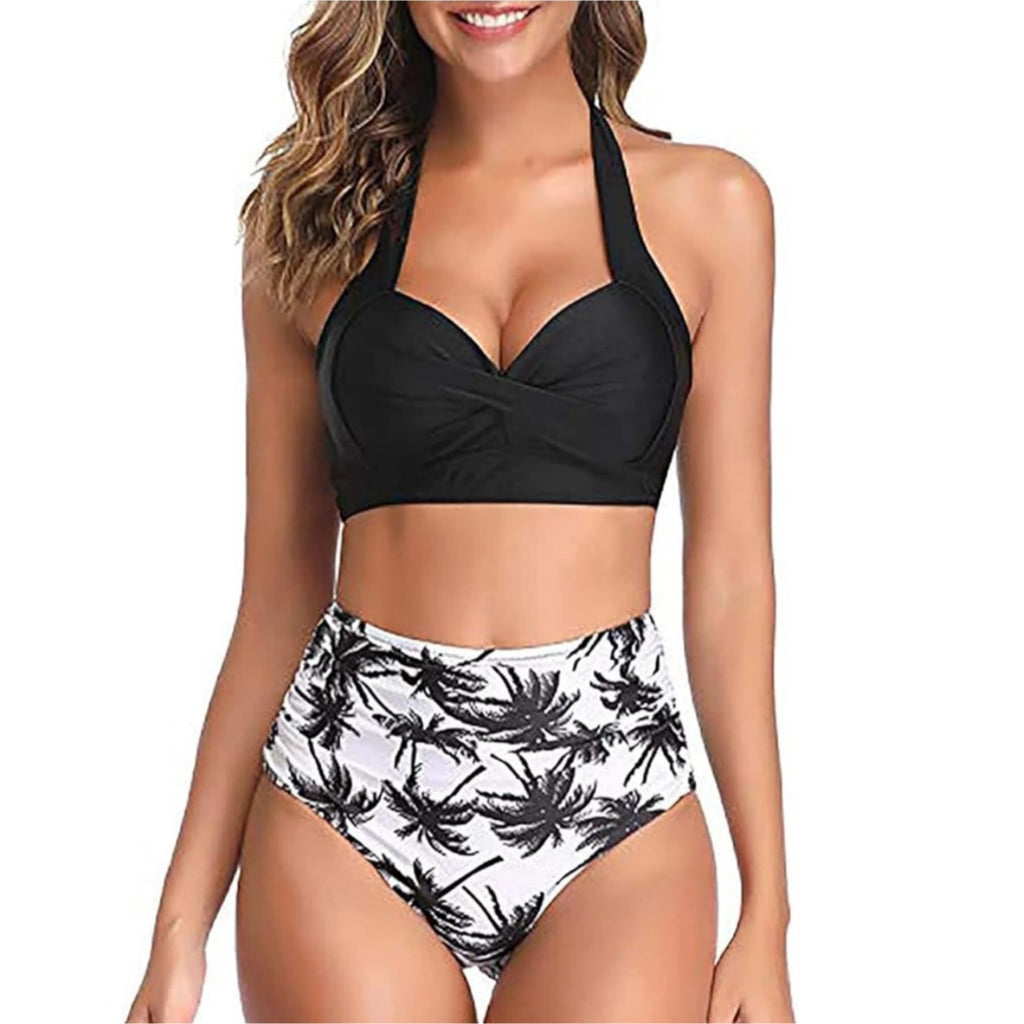 New Amazon Cross-border High Waist Neck Printed Strap Tankini Split Swimsuit European and American Slim Bikini