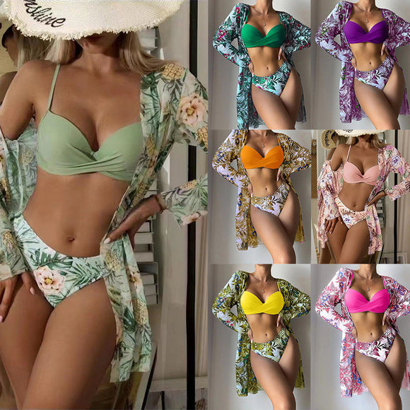 2026 Tassel Mesh Cover-Up Short Skirt Four-Piece Bikini New Thai Ins Style Cross-Border Solid Color Swimsuit for Women