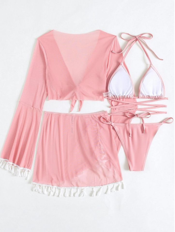 2026 Tassel Mesh Cover-Up Short Skirt Four-Piece Bikini New Thai Ins Style Cross-Border Solid Color Swimsuit for Women