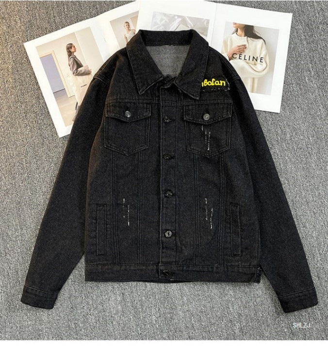 2025 Black Denim Jacket Men's Spring and Autumn Korean Style Trendy Retro Jacket Trendy Brand Letter Print Jacket