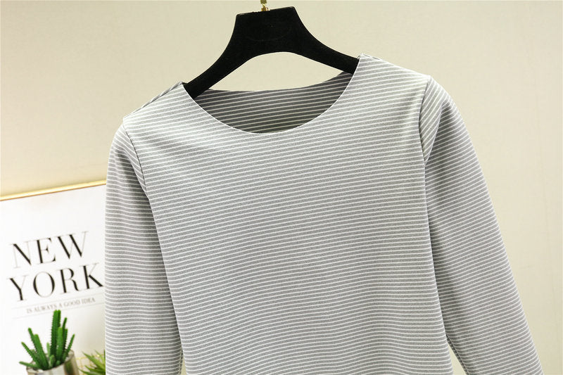 Crewneck Striped Base Shirt Women's Inner Wear Fall/Winter German Velvet 2022 New College Style Long Sleeve T-Shirt Warm Top