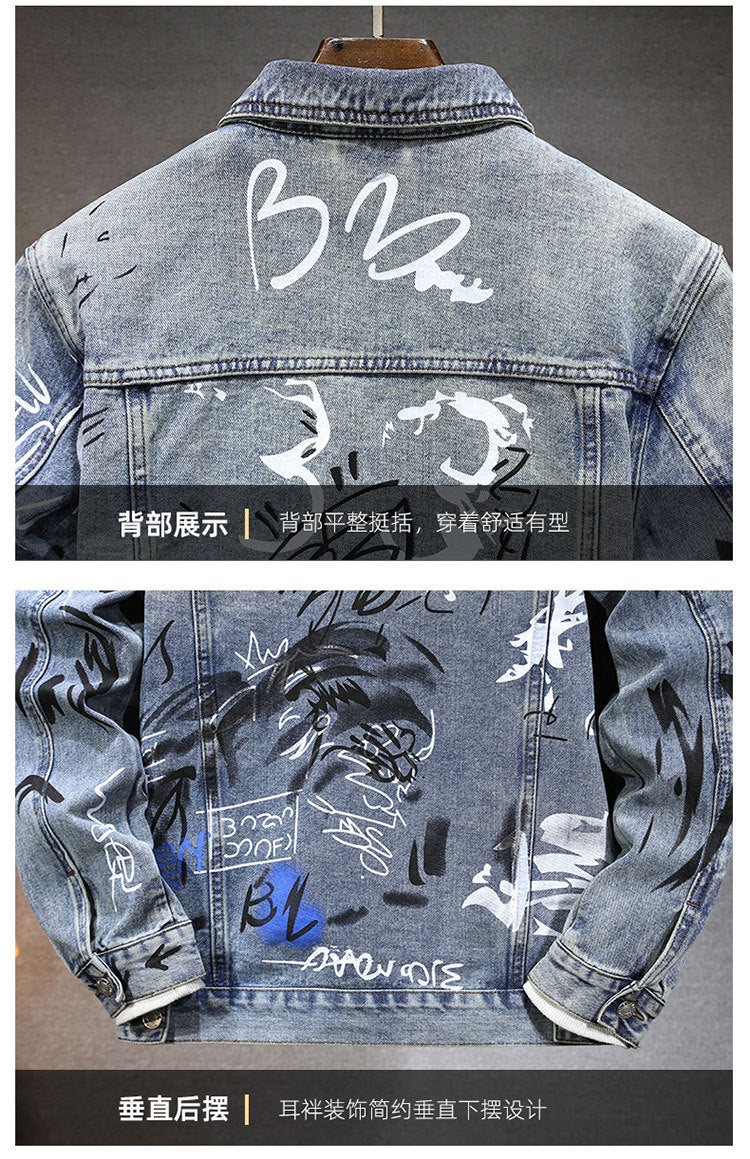 Cross-border new all-matching men's jacket spring and autumn high-end European and American fashion brand graffiti printing fit Denim coat for men