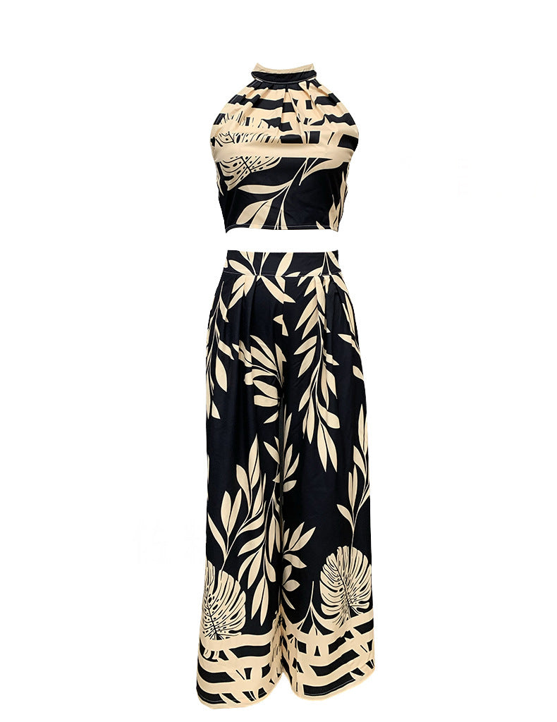 LN1146 in stock 2024 Spring and Summer New Cross-border Women's Fashion Elegant Printed Neck Backless Straight Pants Two-piece Set