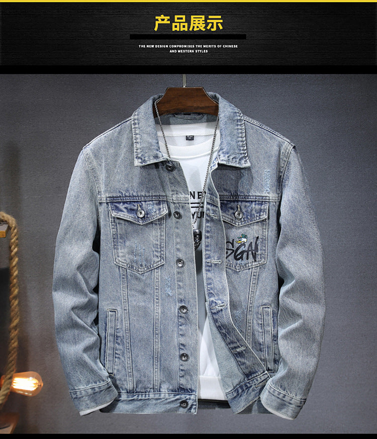 Autumn 2024 Men's Denim Jacket Coat Printed Casual Handsome Fashion Brand All-match Top Men's Jeans