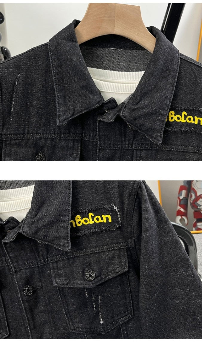 2025 Black Denim Jacket Men's Spring and Autumn Korean Style Trendy Retro Jacket Trendy Brand Letter Print Jacket