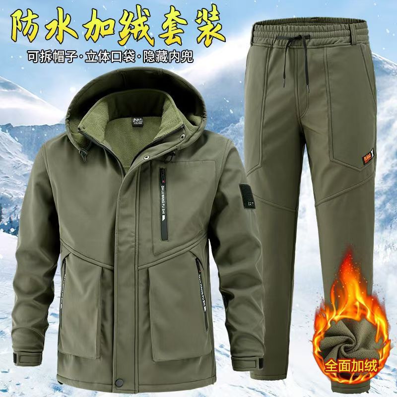 Autumn and Winter fleece-lined Charge Clothes Coat Work Clothes Waterproof suit Men's Cold-proof Warm Upper and Lower Clothes Work Clothes