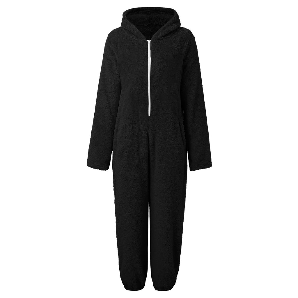 2022 Cross-border Europe and America Amazon Solid Color Thickened Double-sided Fleece Hooded Jumpsuit Casual Couple Home Wear