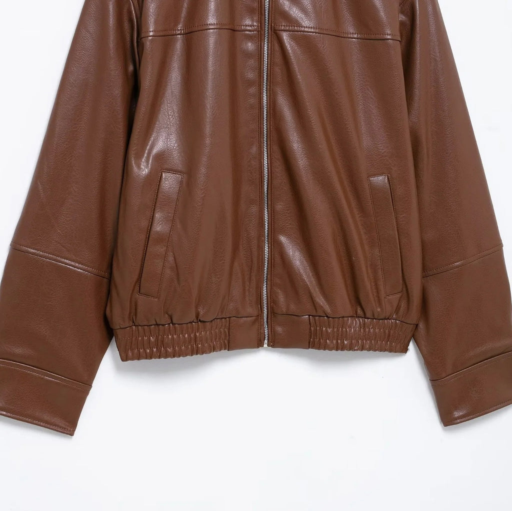Amazon European and American Style Summer New Fashion Street Style Textured Faux Pu Leather Casual Bomber Jacket for Women