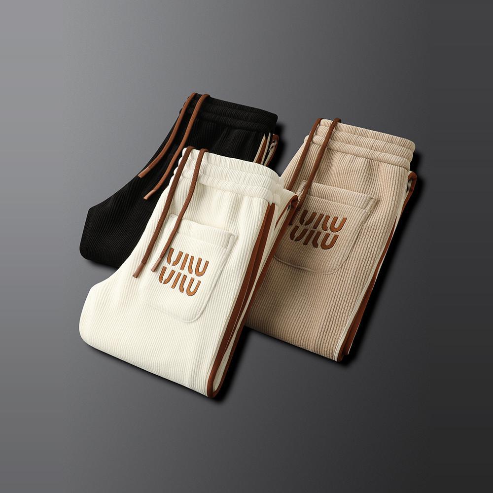 Light Luxury creamy-white fleece-lined Thickened Corduroy Casual Pants Men's Slim-fit Small Straight Pants Autumn and Winter Men's Sports Pants