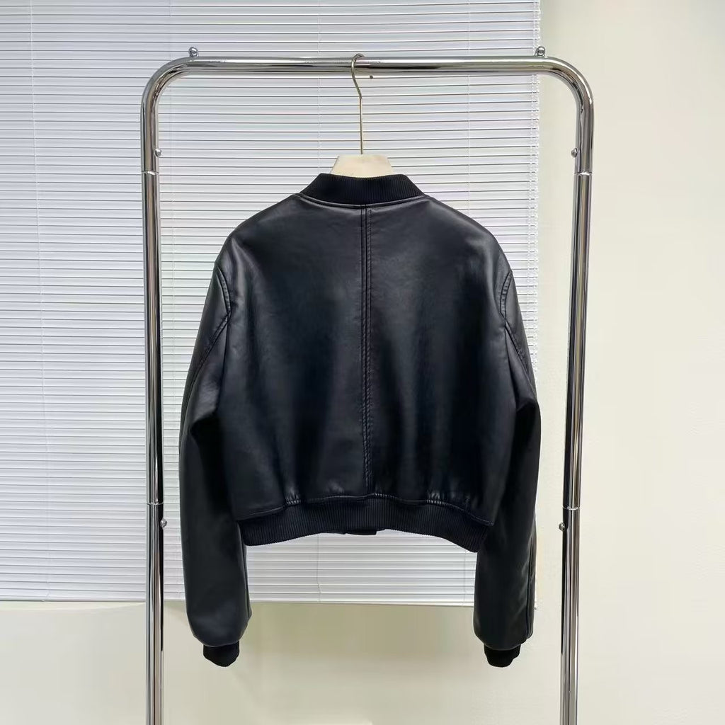 Spring European and American Urban Casual Stand Collar Pu Jacket Short Imitation Leather Motorcycle Clothing Niche Design Jacket for Women