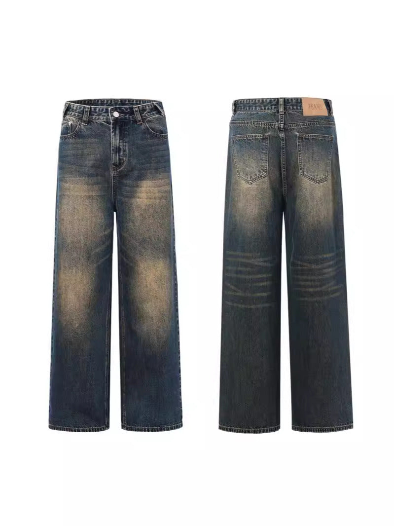 LKTM Men's# American Street Retro Mud Dyed Old Jeans Men's and Women's Trendy Brand Loose Straight Pants