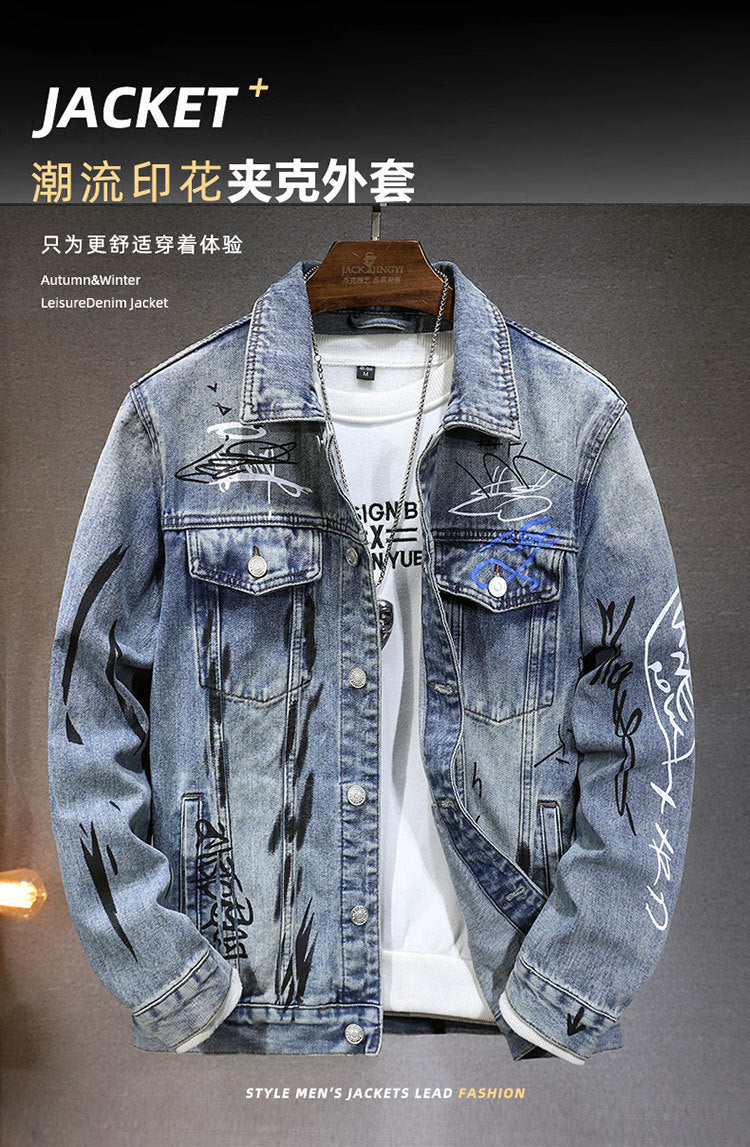 Cross-border new all-matching men's jacket spring and autumn high-end European and American fashion brand graffiti printing fit Denim coat for men