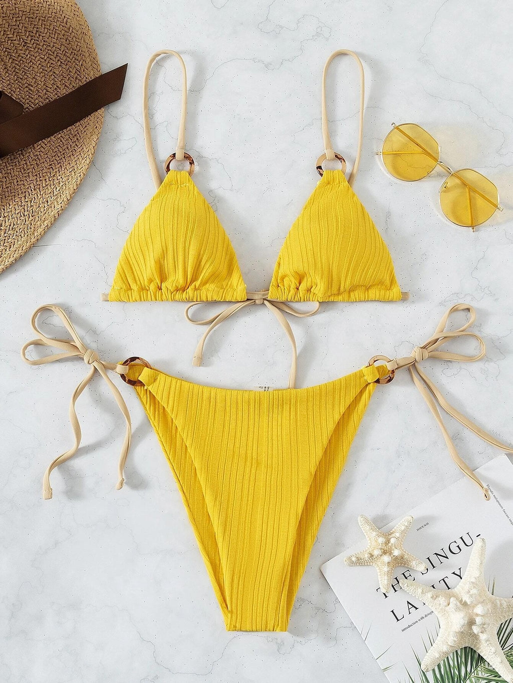 2024 New Ins Swimsuit for Women Split Bikini Two-Piece Set Fairy Style Sexy Pure Color Lace-Up Swimsuit for Women