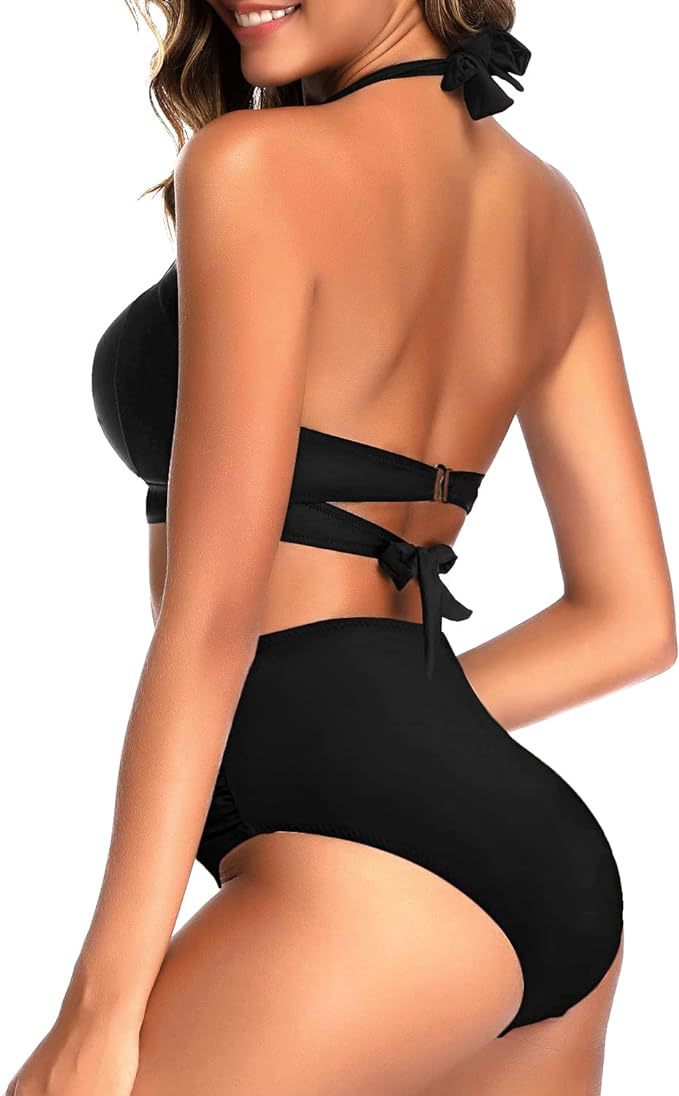 New Amazon Cross-border High Waist Neck Printed Strap Tankini Split Swimsuit European and American Slim Bikini