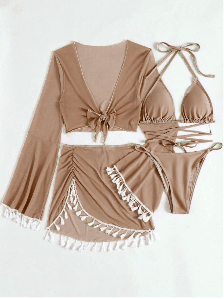 2026 Tassel Mesh Cover-Up Short Skirt Four-Piece Bikini New Thai Ins Style Cross-Border Solid Color Swimsuit for Women