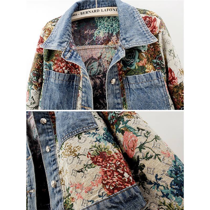 2024 Spring New All-match Printed Stitching Long Sleeve Lapel Denim Coat Women's Short Small Top Jacket