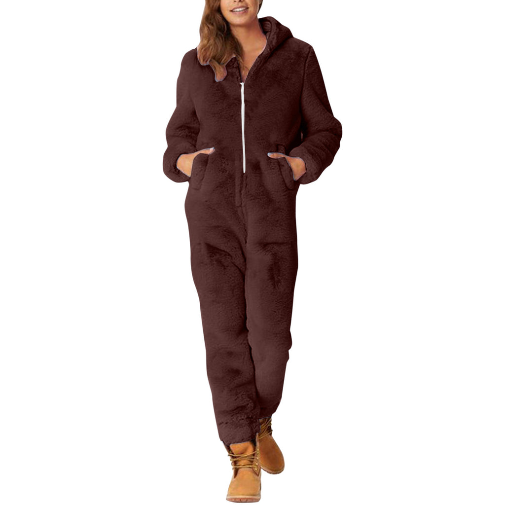 2022 Cross-border Europe and America Amazon Solid Color Thickened Double-sided Fleece Hooded Jumpsuit Casual Couple Home Wear