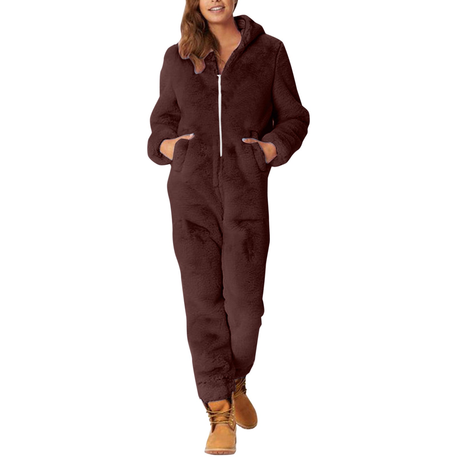 2022 Cross-border Europe and America Amazon Solid Color Thickened Double-sided Fleece Hooded Jumpsuit Casual Couple Home Wear