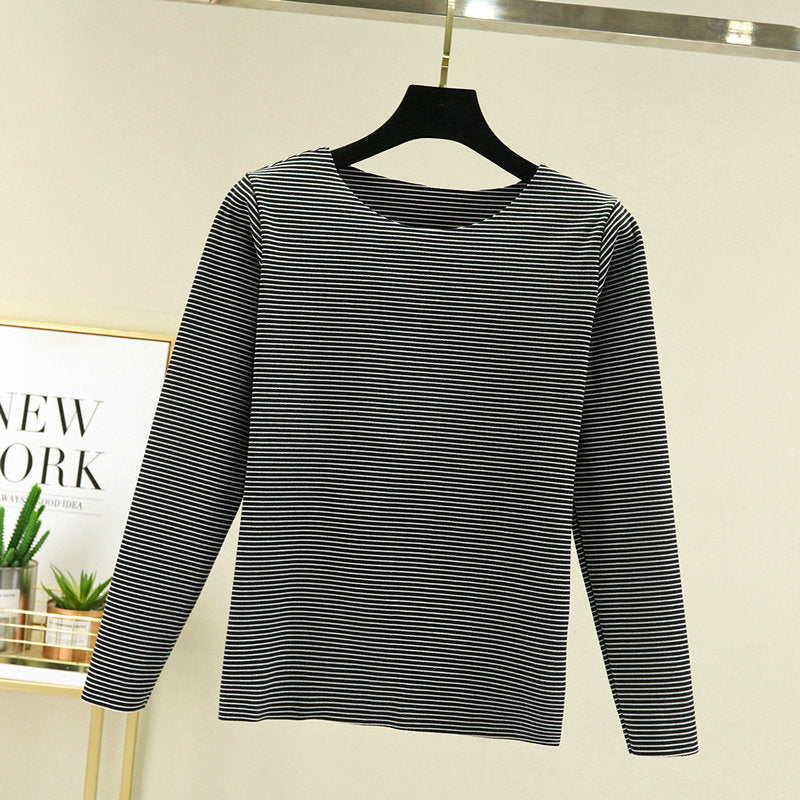 Crewneck Striped Base Shirt Women's Inner Wear Fall/Winter German Velvet 2022 New College Style Long Sleeve T-Shirt Warm Top