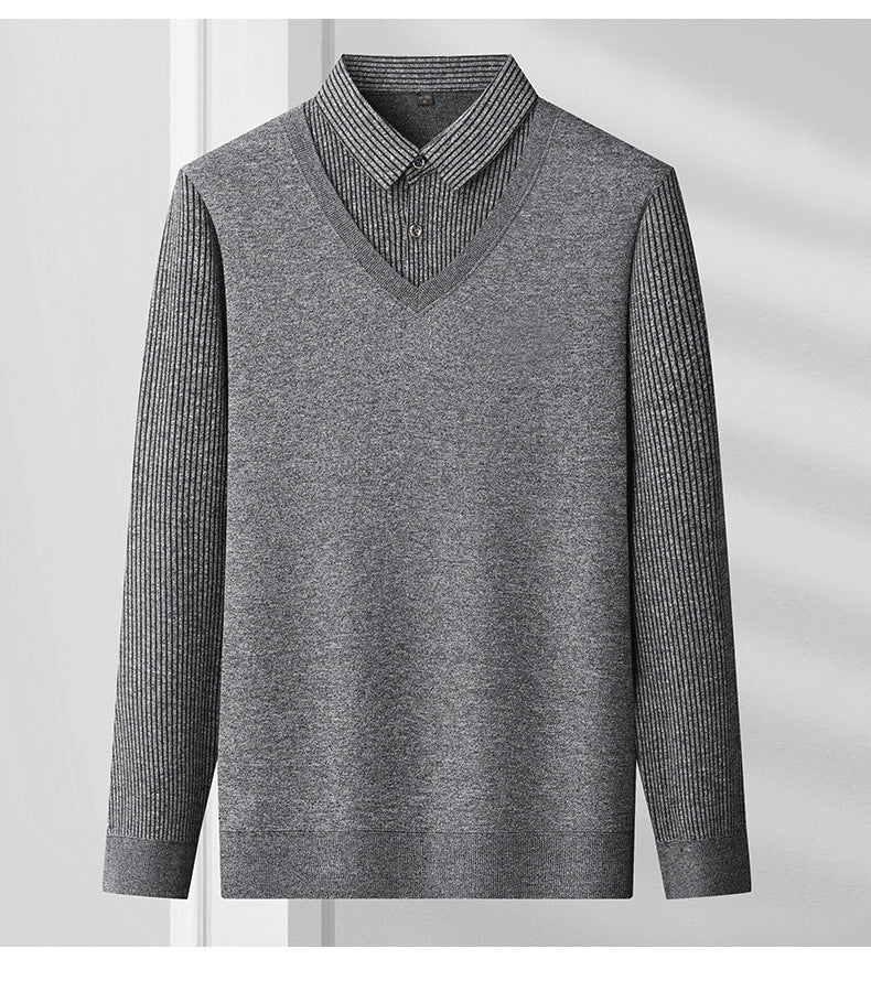 Spring, autumn and winter fashion fake two-piece long-sleeved T-shirt men's trendy casual shirt shirt collar personalized bottoming shirt top