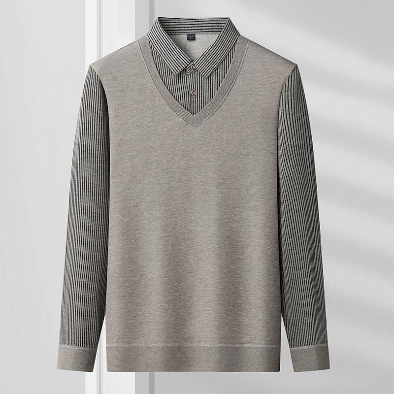 Spring, autumn and winter fashion fake two-piece long-sleeved T-shirt men's trendy casual shirt shirt collar personalized bottoming shirt top