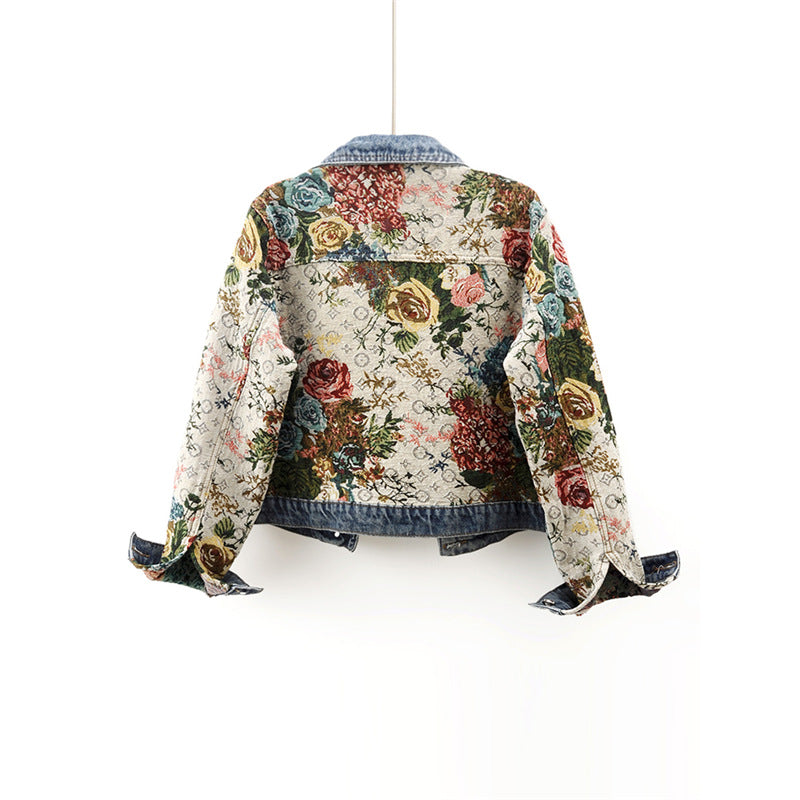 2024 Spring New All-match Printed Stitching Long Sleeve Lapel Denim Coat Women's Short Small Top Jacket